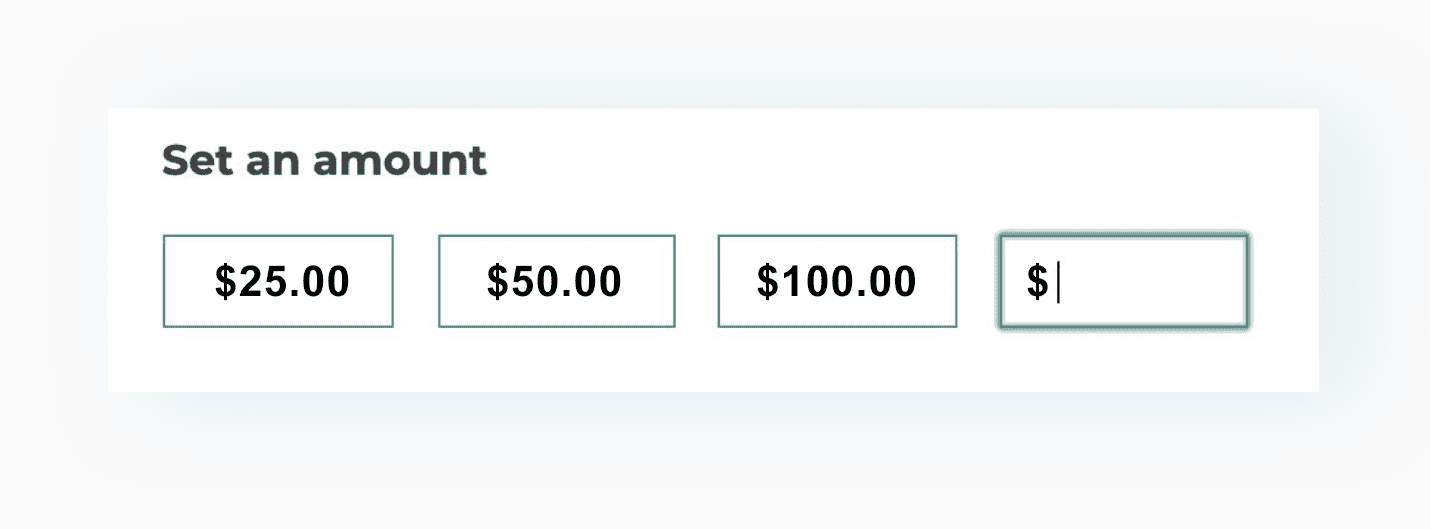YOUR CUSTOMERS CAN PICK FORM A FIXED AMOUNTS OR CHOOSE A CUSTOM AMOUNT